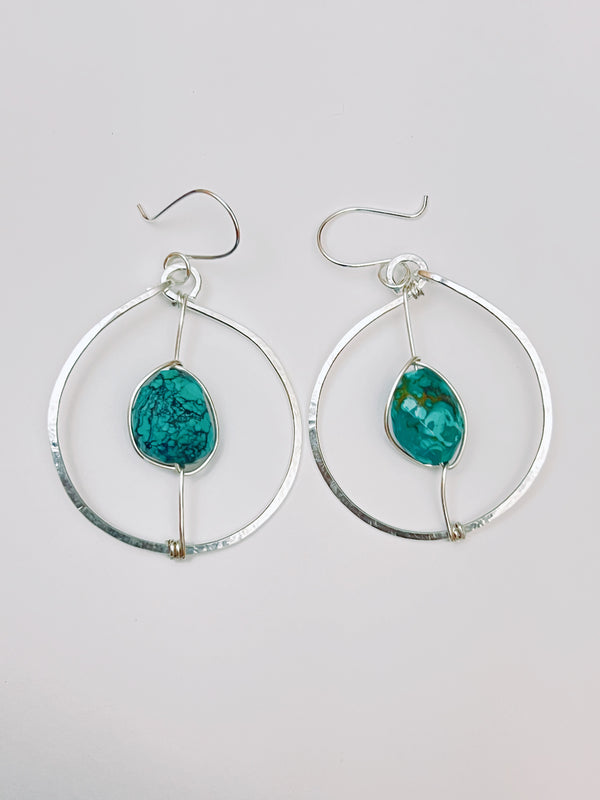 Silver Turquoise Hoops